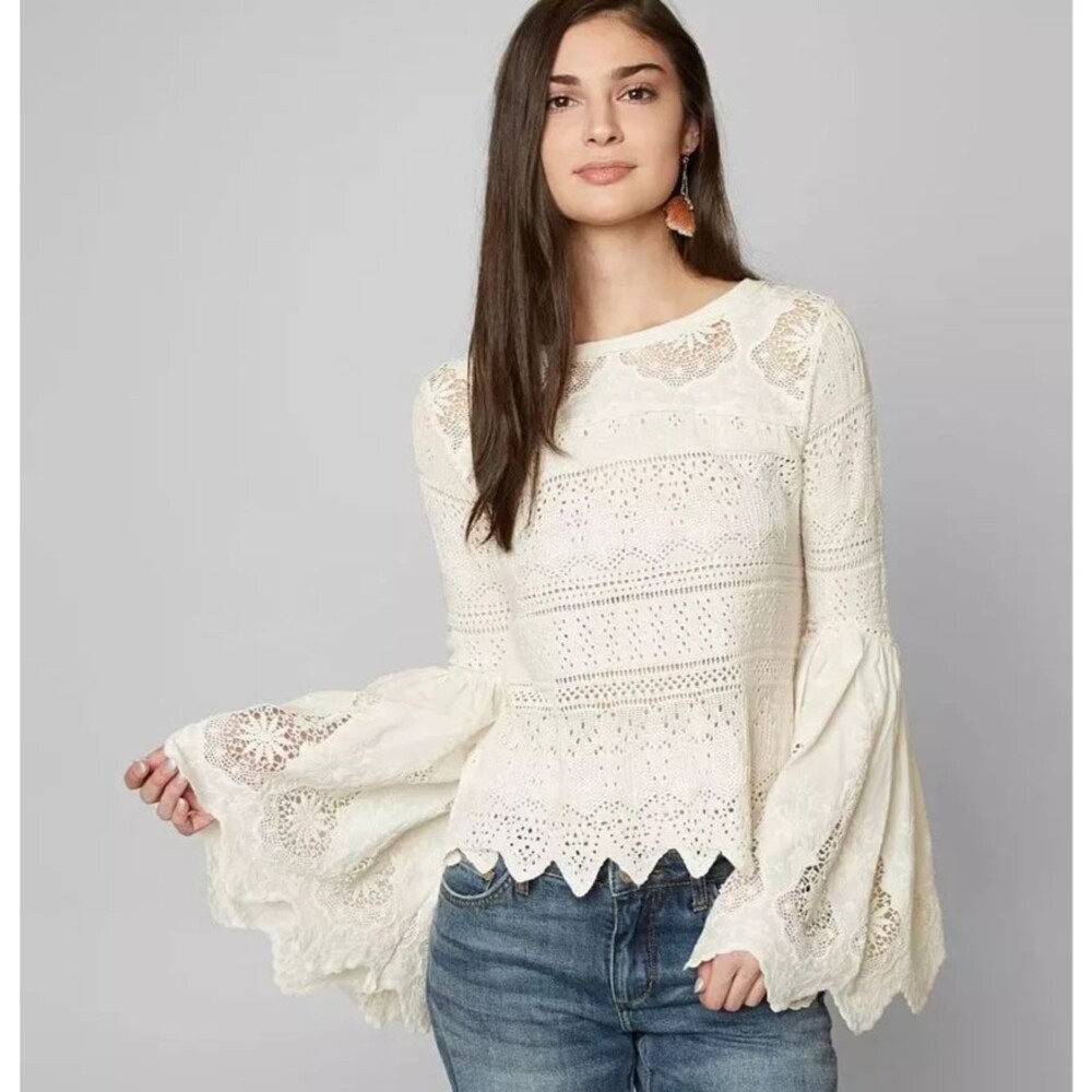 Free People Retro Love Crochet Lace Bell Sleeve Top Cream XS OB617651